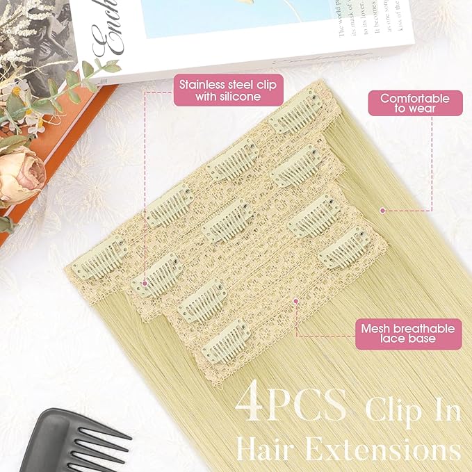 Clip in Hair Extensions Long Straight Hairpieces 22 Inch Platinum Blonde 4PCS Ultra-thin and breathable Hairpieces Fiber Double Weft Hair for women
