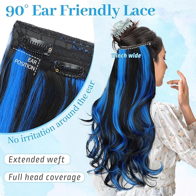 KooKaStyle Invisible Wire Hair Extensions Long Wavy Layered Synthetic Hair with Transparent Wire Adjustable Size 6 Secure Clips Hairpieces for Women(Black with Blue 20 Inch)