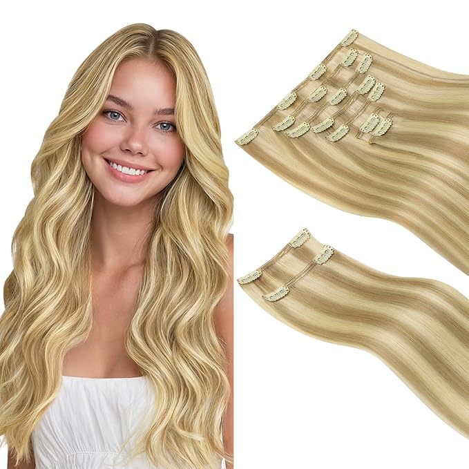 HOTBANANA Clip in Hair Extensions Real Human Hair, 145g 7pcs 24 inch Light Blonde Highlighted Golden Blonde(Ash Tone) Clip in Human Hair Extensions Straight Remy Hair Extensions Full Head
