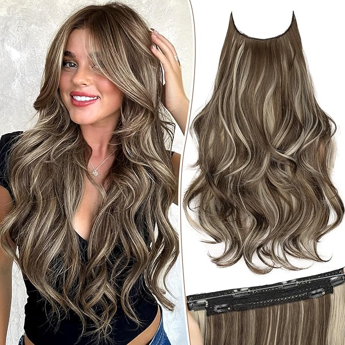 KooKaStyle Invisible Wire Hair Extensions Long Wavy Layered Synthetic with Transparent Headband Adjustable Size 6 Secure Clips Hairpieces for Women (20 Inch, Medium Brown Mix Ash Blonde)