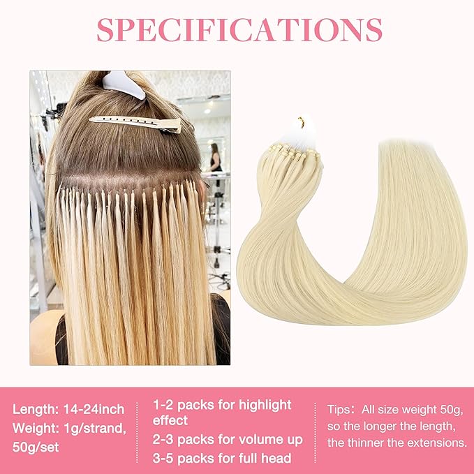 GOO GOO Micro Link Tip Hair Extensions, Real Human Hair, 18inch 50g 50S, Cold Fusion, Invisible Remy, 60A Platinum Blonde