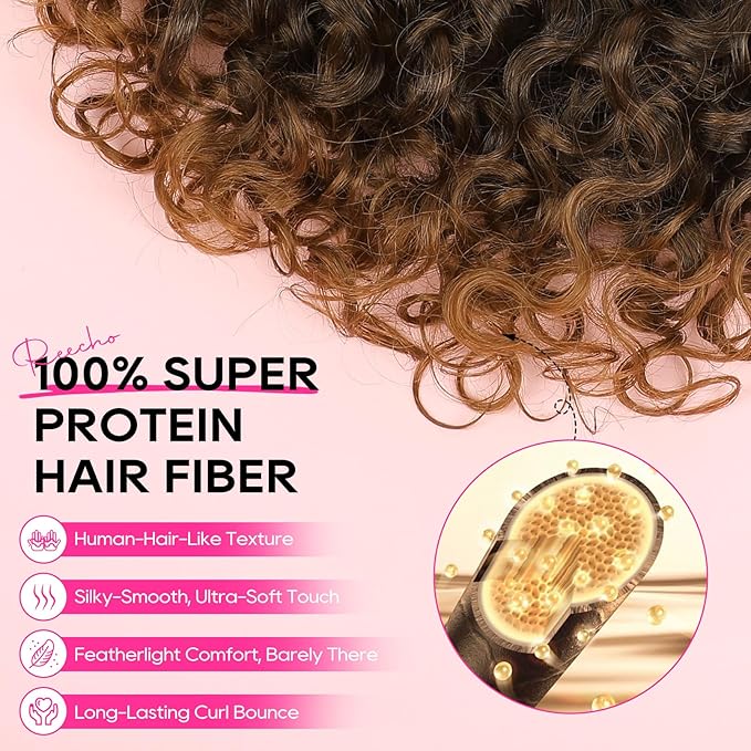 REECHO Curly Hair Extensions - 4PCS 14" GoGo Curly Clip in Hair Extensions 100% Super Protein Hairpieces with Invisible Lace Weft Silky Soft Natural Look for Women - Chocolate Brown with Lighter Ends