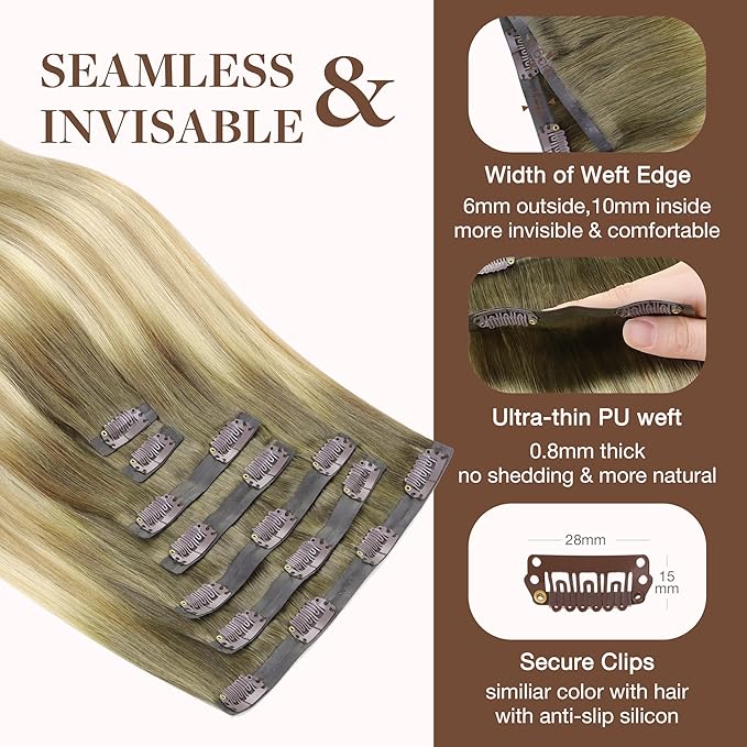 GOO GOO Clip in Hair Extensions Real Human Hair, Remy Human Hair Extensions Clip ins for Women, Natural Human Hair, 22inch 150g 7Pcs, 5A/90/16F Bahamian Balayage