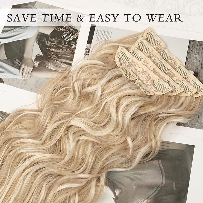 NAYOO Clip in Hair Extensions for Women 20 Inch Long Wavy Curly Blonde Mix Bleach Blonde Hairpieces Full Head Synthetic Hair Hairpieces(6PCS,Blonde Mix Bleach Blonde)