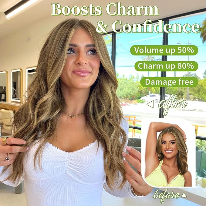 KooKaStyle Invisible Wire Hair Extensions with Transparent Headband Adjustable Size 4 Secure Clips Long Wavy Secret Wire Hairpiece 16 Inch for Women(Medium Brown with Blonde)626D#