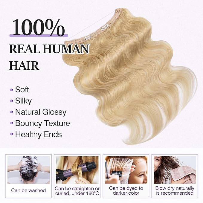 Halo Hair Extensions Real Human Hair,Halo Hair Extension 100% Human Hair,Wire Hair Extensions,Wavy 613 Bleach Blonde 20inch/70g