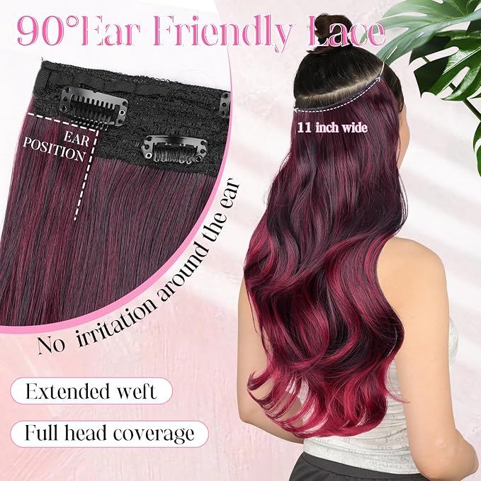Invisible Wire Hair Extensions Layered Long Wavy Ombre Burgundy mix Black Hairpiece for Women Transparent Wire Adjustable Size 6 Secure Clips Invisible Headband Hair Extension 20 Inch