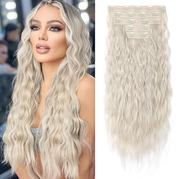 Hair Extensions, REECHO Blonde Clip in Hair Extensions 24" Thick Long Loose Waves hair extensions HE002 Invisible Lace Weft Natural Soft Hairpieces for Women – Platinum Blonde