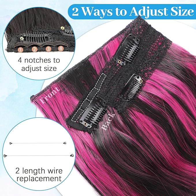 KooKaStyle Invisible Wire Hair Extensions 20"Long Wavy Layered Synthetic Clip in with Transparent Wire Adjustable Size 6 Secure Clips Black and Hot Pink Thick Hairpieces for Women 20 Inch