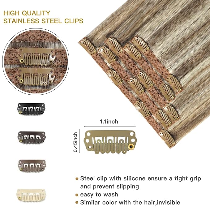 Clip in Human Hair Extensions 5 Pcs Remy Highlights Hair Extensions Clip ins Ash Brown Highlights Platinum Blonde Real Hair Extensions 12 Inch 80g Clip on Hair Extensions