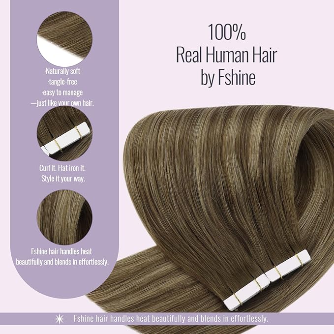 Fshine Brown Balayage Tape in Hair Extensions - Chocolate to Caramel Blonde Ombre Remy Human Hair - Straight Long,Natural Look 20 Inch 20 pcs 50 g,Great for Professionals & Office Women