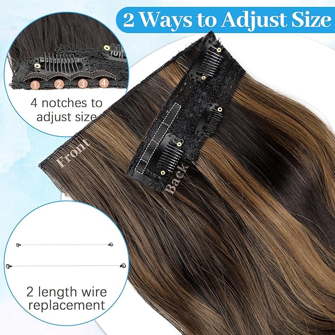 KooKaStyle Invisible Wire Hair Extensions Long Straight Layered Synthetic with Transparent Wire Adjustable Size 6 Secure Clips Hairpieces for Women 16Inch (Balayage Dark Brown to Chestnut)