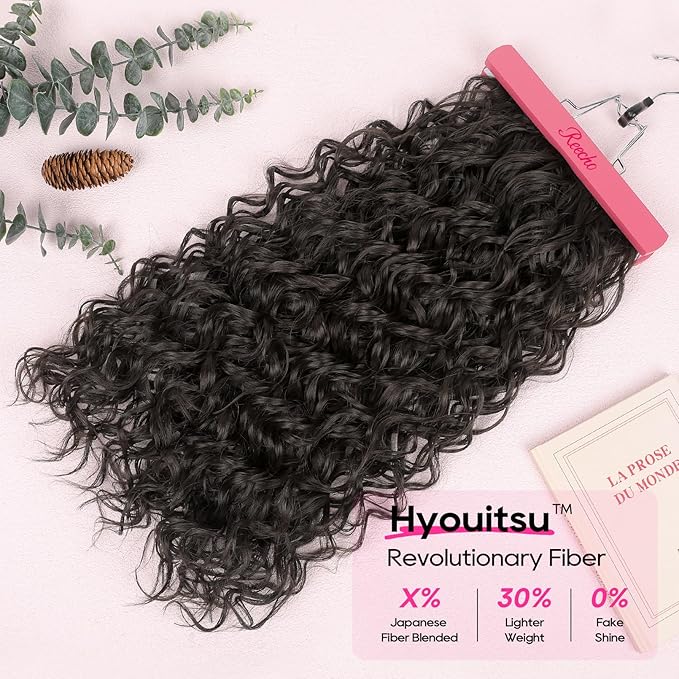 REECHO Curly Hair Extensions, 4PCS 24 inch Clip in Hair Extensions Lace Weft Short Curly Hair Extension Clip Ins Invisible Natural Hairpieces for Women, Off Black