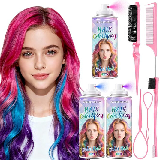 3 Pack Temporary Hair Color Spray - Purple. Blue, Pink - Washable Hair Color Spray for Kids Women Men Non-Toxic Hair Dye for Christmas Cosplay Party Concert with Hair Styling Comb Set