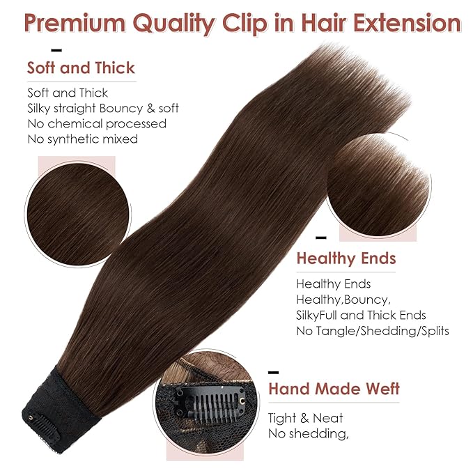 Benehair One Piece 5 Clips in Hair Extensions Human Hair 3/4 Full Head V Shaped Weft Thick Lace Net For Women (12"-55g #4 Medium Brown)