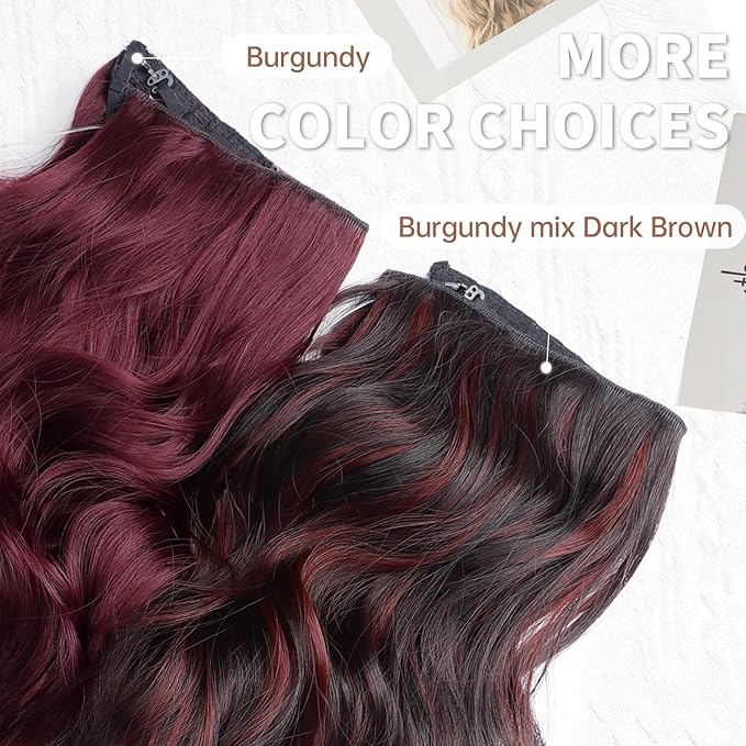 KooKaStyle Invisible Wire Hair Extensions with Transparent Headband Adjustable Size 4 Secure Clips Long Wavy Secret Wire Hairpiece 20 Inch Burgundy mix Dark Brown for Women