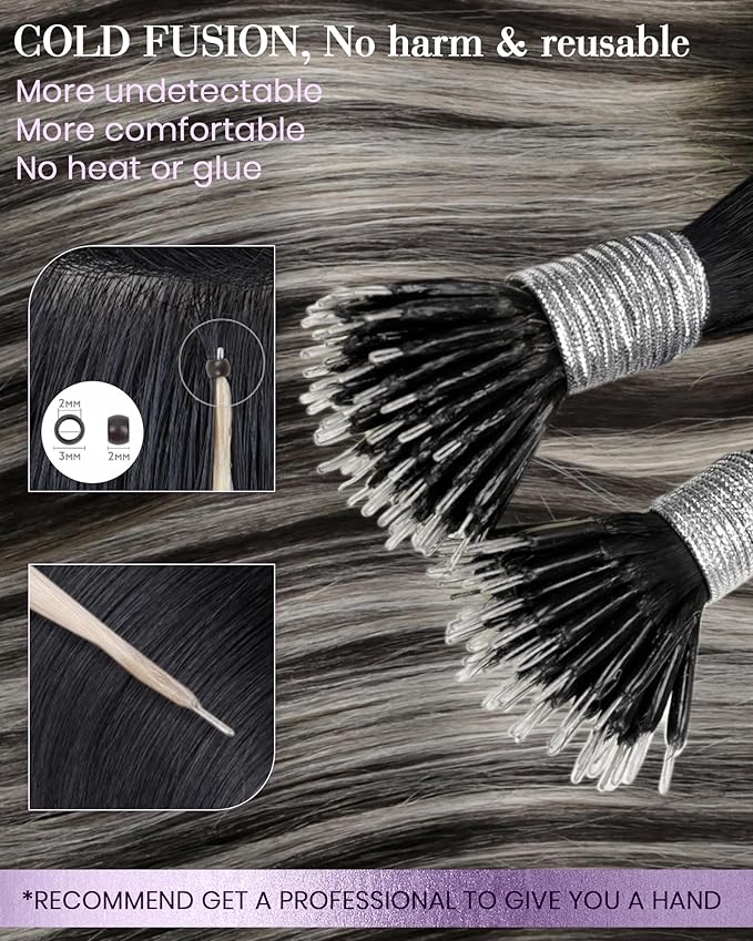 LaaVoo Nano Bead Hair Extensions Human Hair Black Nano Hair Extension Human Hair 18 Inch Balayage Black to Silver Nano Tip Extensions 50g 50s
