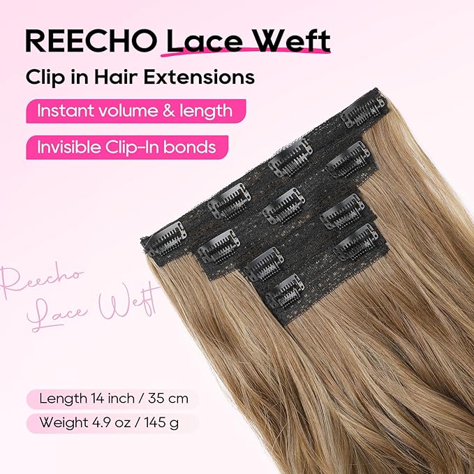 REECHO Clip in Hair Extensions - 4PCS Lace Weft 14" Short Wavy Invisible Hairpieces for Women - Natural Soft Light Brown With Blonde Highlights