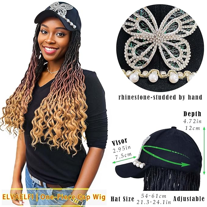 Bling Butterfly Cap w/20 inch Goddess Curls Faux Locs Crochet Hair Extensions, Ombre Brown Wigs with Curly Ends