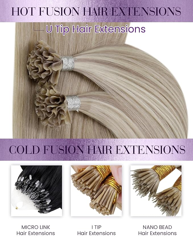 LaaVoo K Tip Hair Extensions Real Human Hair Ash Blonde Mixed With Bleach Blonde Ktip Human Hair Extensions 50g/50s 18 Inch
