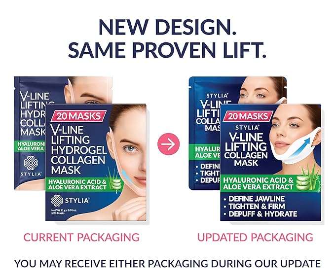 STYLIA V Line Lifting Collagen Face Mask - Lift, Firm & Contour Jawline - Double Chin Strap with Hyaluronic Acid & Aloe Vera - Hydrating Neck & Face Tightening Mask - Chin Strap for Sleeping - 20PC