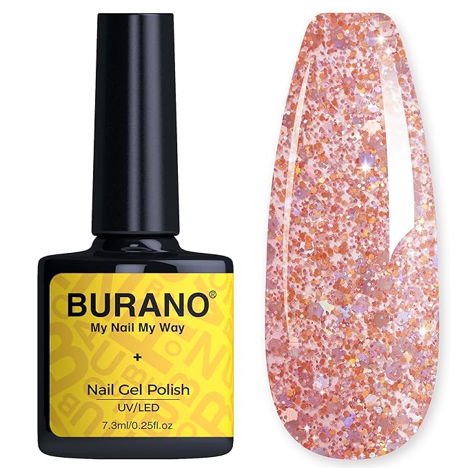 BURANO Glitter Nail Polish, LED UV Shimmer Holographic Effect Soak Off, No Chip Sparkle Gel for Home DIY Nail Salon (Sparkly LP16)