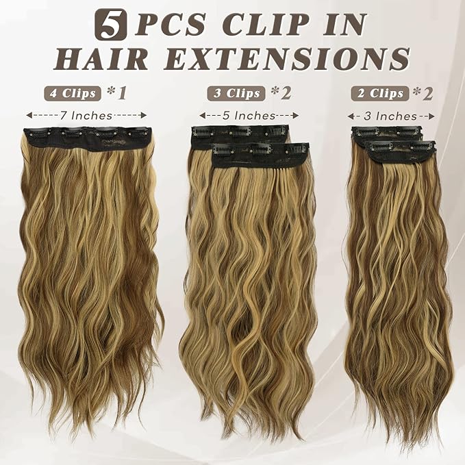 BARSDAR Highlight Clip in Hair Extensions - 20 Inch Wavy Clip in Hair Extensions for Women - 5PCs Thick Soft Synthetic Balayage Hairpieces Daily Party Halloween - Golden Brown with Highlights