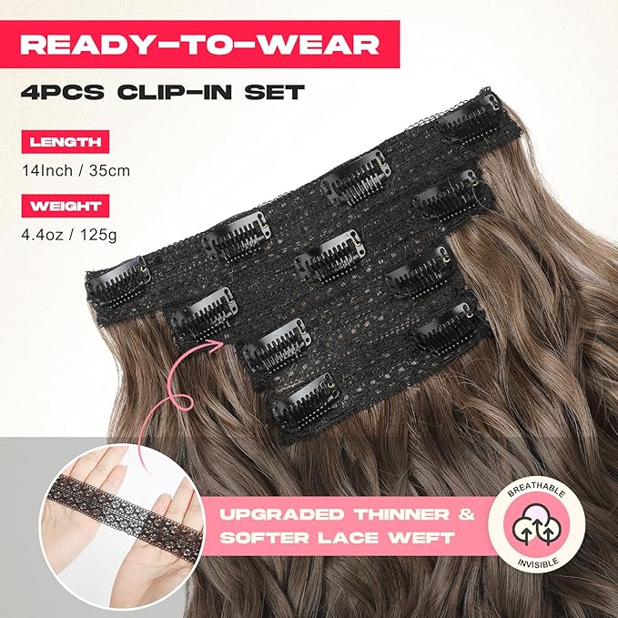 Hair Extensions, 14" Short Clip in Hair Extensions 4PCS Beach Wave Blonde Natural Soft Synthetic Hairpiece for Women - Light Brown with Golden Ends