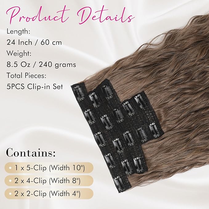 REECHO Clip in Hair Extensions, 5PCS Ash Blonde Hair Extensions 24" Thick Long Loose Waves hair extensions HE002 Invisible Lace Weft – Dark Ash Blonde with Golden Ends