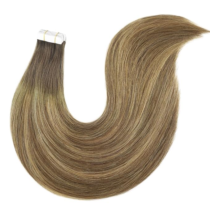 Fshine Human Hair Balayage Tape in Hair Extensions Brunette to Medium Brown and Caramel Blonde Ombre Extensions Adhensive 20 Inch 20 pcs 50 g,for Moms & Busy Moms