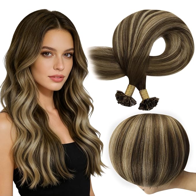 Full Shine K Tip Hair Extensions Real Human Hair 22 Inch 50 Grams Medium Brown Ombre Blonde and Brown Ktip Human Hair Extensions Straight Hair Prebonded Extensions for Women