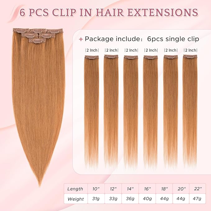 SEGO Single Clip In Hair Extensions Real Human Hair 6 Pcs Individual Clip Ins Highlight Remy Balayage Straight Soft Seamless Hairpieces for Women -14 Inch #30 Light Auburn