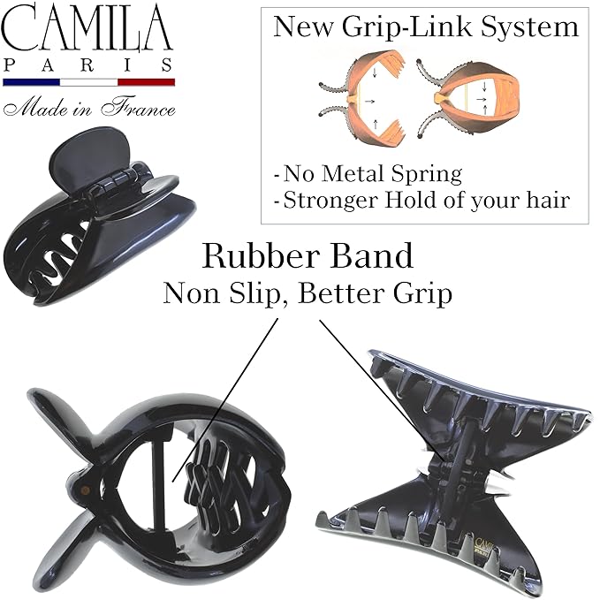 Camila Paris MP2 French Hair Clip for Women, Small Girls Hair Claw Jaw. Black, Fashion Durable and Styling Hair Accessories for Women, No Spring Grip Link System, Strong Hold No Slip, Made in France