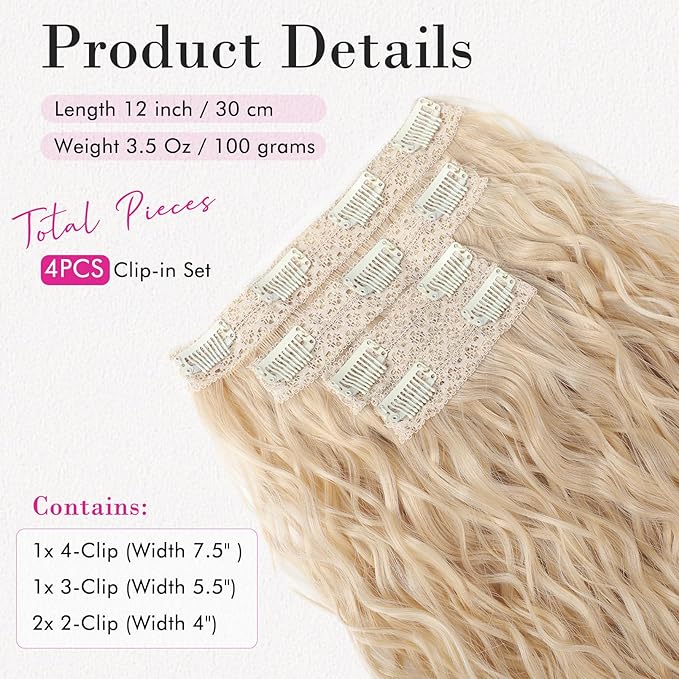 REECHO Clip in Hair Extensions, 4PCS Hair Extensions 12" Short Curly Wavy Blonde hair extensions Invisible Lace Weft Natural Soft Hairpieces for Women – Light Blonde