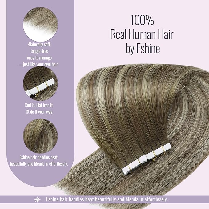 Fshine Hair Extensions Tape in Human Hair 20 Inch Walnut Brown to Ash Brown and Golden Blonde Extensions Long Straight Tape in Extensions Balayage 20 pcs 50 g