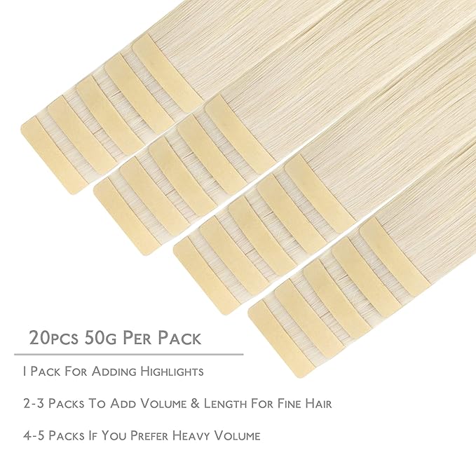 WENNALIFE Tape in Hair Extensions Human Hair, 20pcs 60g 28 inch Platinum Blonde Remy Hair Extensions Straight Human Hair Tape in Extensions Skin Weft Tape Extensions Human Hair