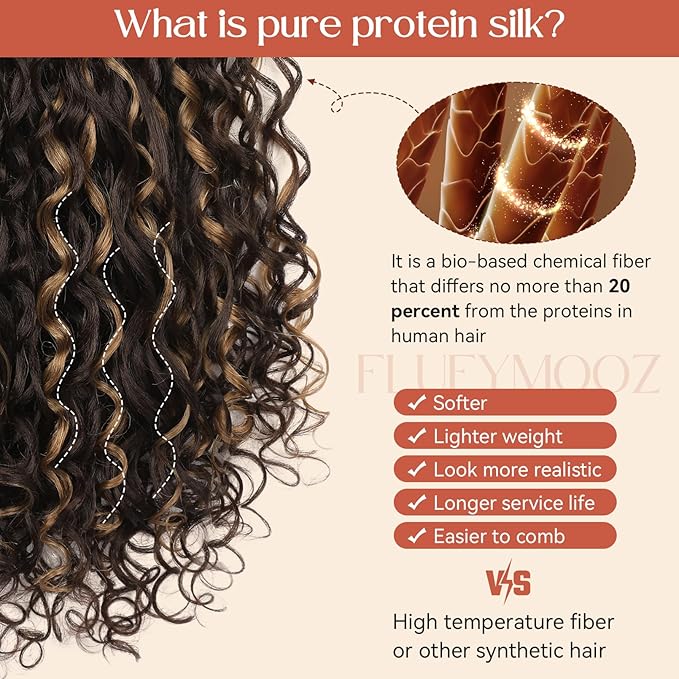 FLUFYMOOZ Clip in Hair Extensions, 18'' 4PC 100％ Pure Protein Silk Curly Hair extension for Women Lace Weft Hairpiece Natural Soft and comfortable for Daily Use-Brown with Deep Blonde Highlights