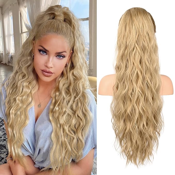 FLUFYMOOZ Ponytail Extension, 26 Inch Drawstring Ponytail Hair Extensions for Women， Long Curly Wavy Ponytail Natural Synthetic Hairpiece for Women (26“ Golden Blonde with Highlights)