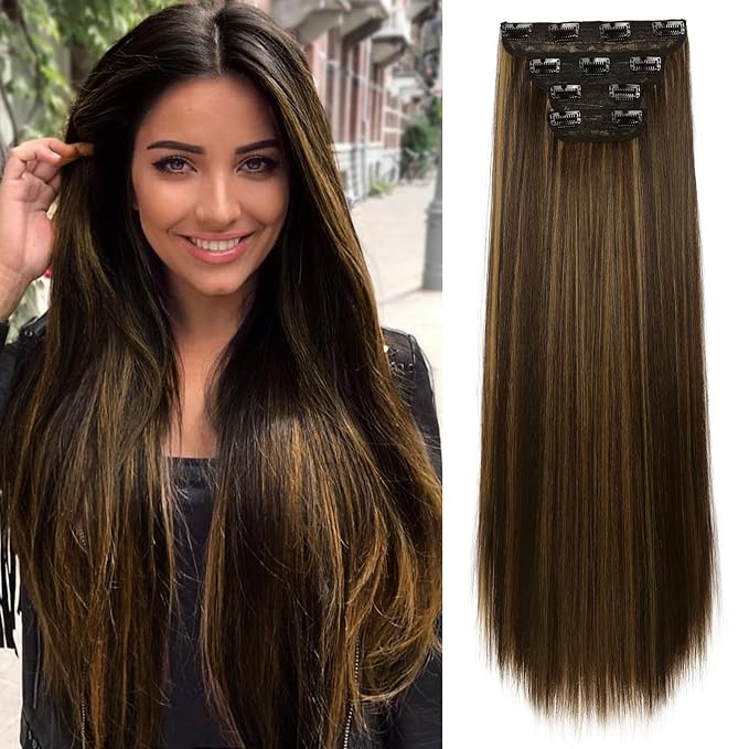 REECHO Hair Extensions, 24" Straight Long Thick 4 PCS Set Thick Clip in on Hair Extensions -Dark Brown with Highlights