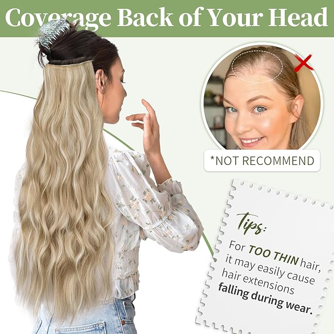 KooKaStyle Invisible Wire Hair Extensions with Transparent Wire Headband Adjustable Size 4 Secure Clips Long Wavy Hairpiece for Women(Beige Blonde mix Lvory Blonde Highlights 24inch)