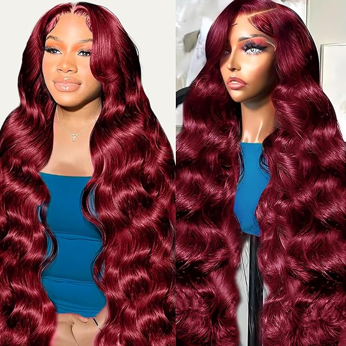 34 Inch 99J Burgundy Lace Front Wigs Human Hair 13x6 HD Body Wave Burgundy Wig Human Hair Pre Plucked with Baby Hair 200 Density Red Colored Glueless Wigs for Women