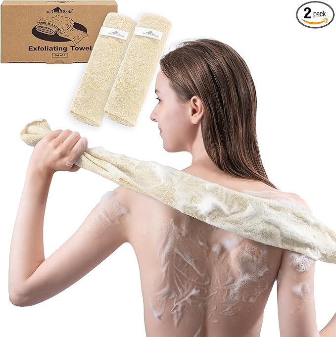 myHomeBody Exfoliating Washcloths for Showering, Loofah Body Scrubber Exfoliator, Back Shower Towel, Bath Washer for Exfoliation, Cream, Set of 2
