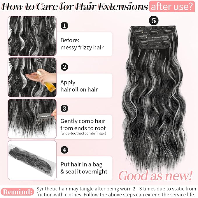 KooKaStyle Clip in Hair Extensions Long Wavy 4PCS Thick Hairpieces Synthetic Highlight Hair Extensions Black and White Mix Fiber Double Weft Natural 20Inch for Women