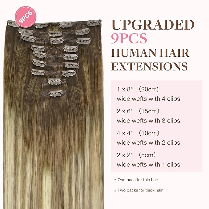 GOO GOO Clip in Hair Extensions Real Human Hair, Remy Human Hair Extensions Clip ins for Women, Natural Human Hair, 24inch 150g 9Pcs, #3/8/613 Balayage Walnut Brown to Ash Brown and Bleach Blonde