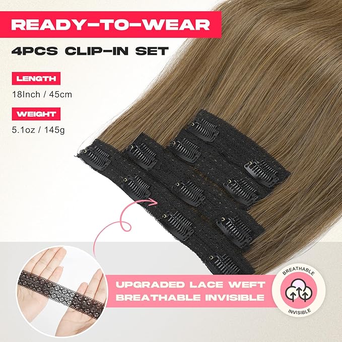 Hair Extensions, 4PCS 18" Clip in Hair Extensions Layered Cut Natural Lightweight Hairpieces with Thinner Softer Invisible Weft for Women - Ash Brown