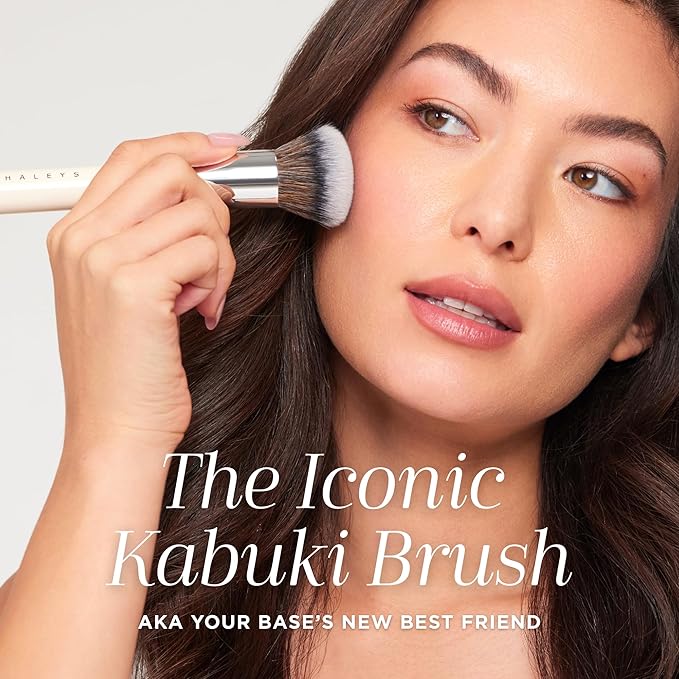HALEYS Kabuki Makeup Brush + 6 Free Mini Skin Tint Foundations – Vegan Blending Brush for Liquid, Cream & Powder, Flawless Airbrushed Base Kit for Travel and Gifting