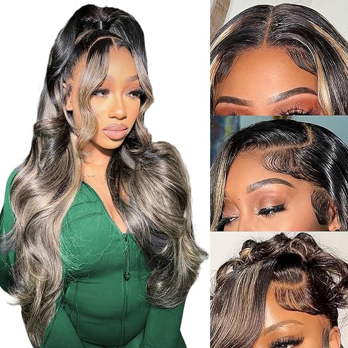 28 Inch 1B/27 13x6 Balayage Highlight Ombre Body Wave Lace Front Wigs Human Hair 200 Density Honey Blonde Colored HD Lace Frontal Glueless Wigs Human Hair Pre Plucked for Women Triple Lifespan 3X