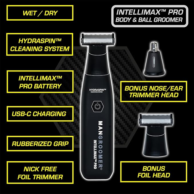 MANGROOMER INTELLIMAX PRO Body and Ball Groomer, Groin Trimmer for Men, Electric Ball Shaver, Pubic Trim, with Free Bonus Foil Included and Free Nose Trimmer Replacement Head