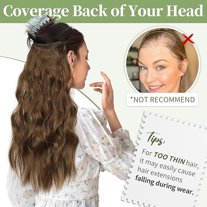 KooKaStyle Invisible Wire Hair Extensions with Transparent Wire Headband Adjustable Size 4 Secure Clips Long Wavy Hairpiece 20 Inch COCOA# for Women