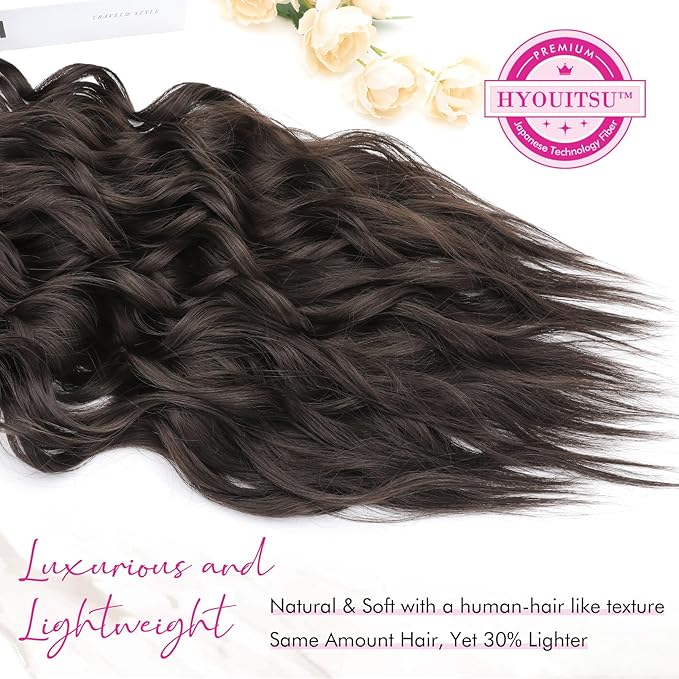 REECHO Hair Extensions, 4PCS Clip in Hair Extensions 24" Thick Long Beach Waves Black Brown hair extensions HE003 Invisible Lace Weft Natural Soft Synthetic Hairpieces for Women – Black Brown